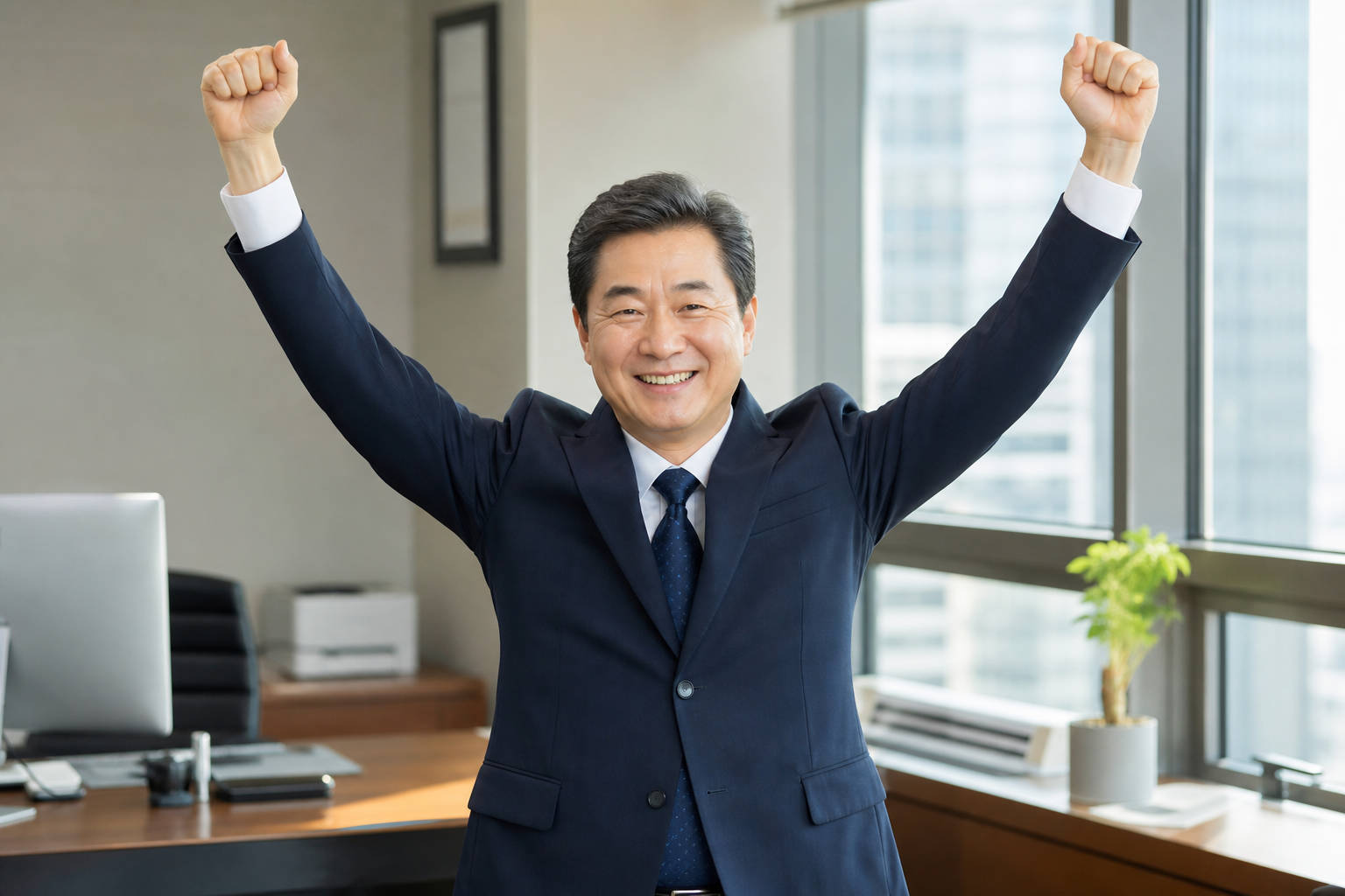 정장을 입은 중년 남성 상담사가 밝게 만세하며 환영하는 모습